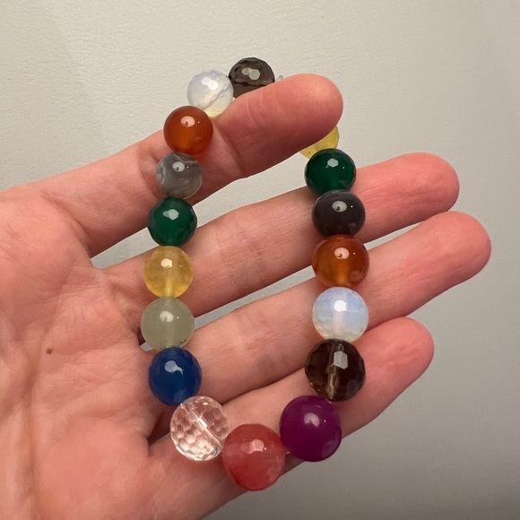 Semiprecious gemstone rainbow round bead chunky bauble beaded stacking bracelet - Picture 7 of 17